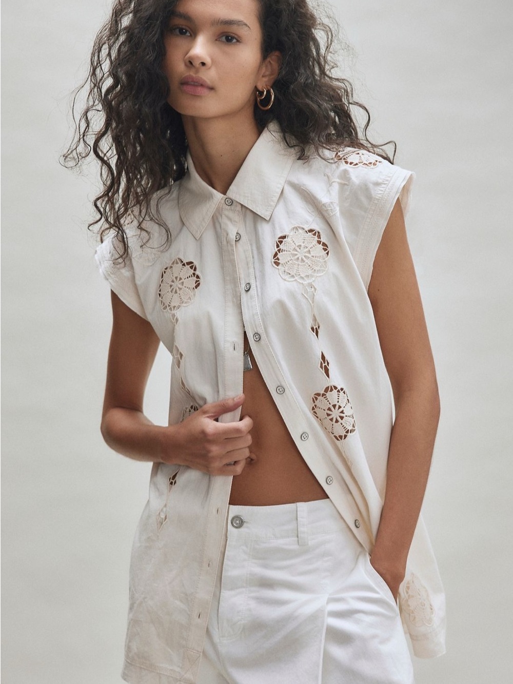 Free People Cream Eyelet Button-Down Sleeveless Shirt